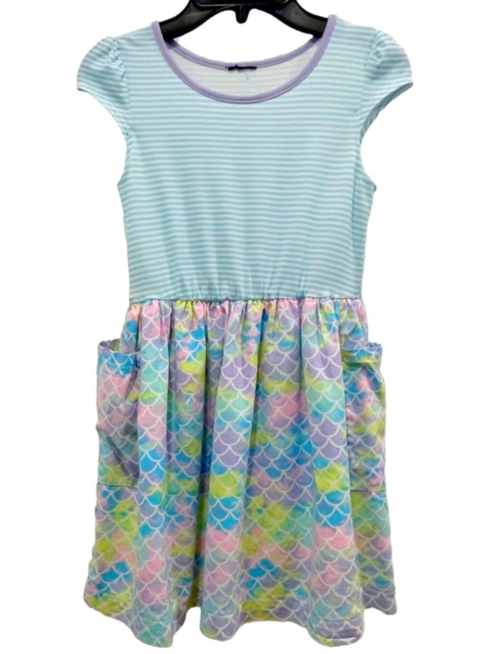 Girls Mermaid Scale Twirl Dress Size 6 6X Pastel Pockets Cap Sleeve